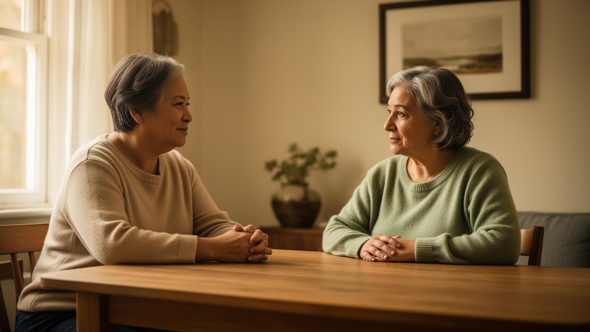 A patient and family member engaged in a warm, supportive conversation