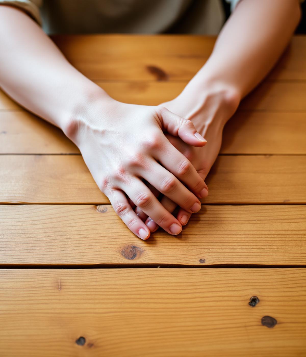Two hands clasped gently together across a wooden table
