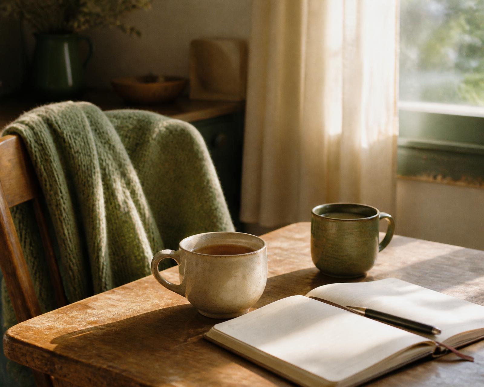 Two mugs of tea and an open notebook on a sunlit wooden table, a knitted blanket draped over a nearby chair