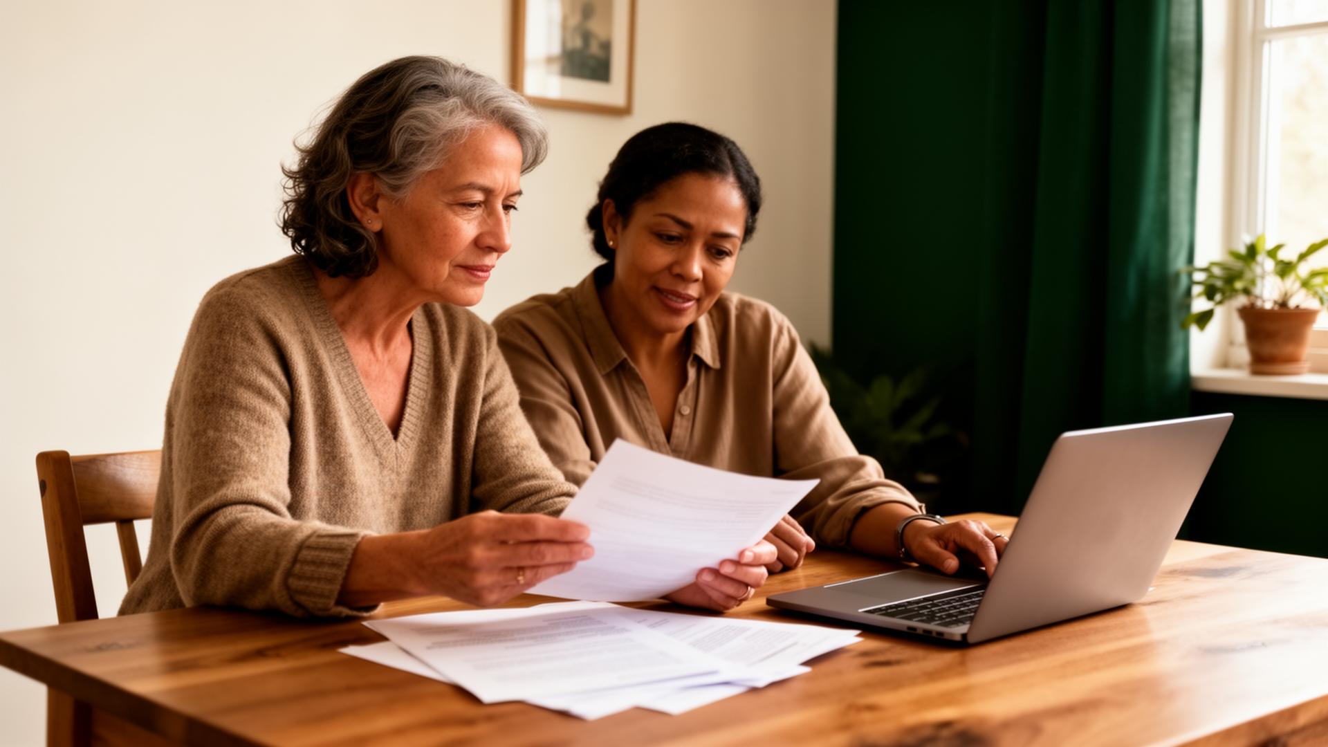 A patient and family member reviewing information together at a table in warm natural light