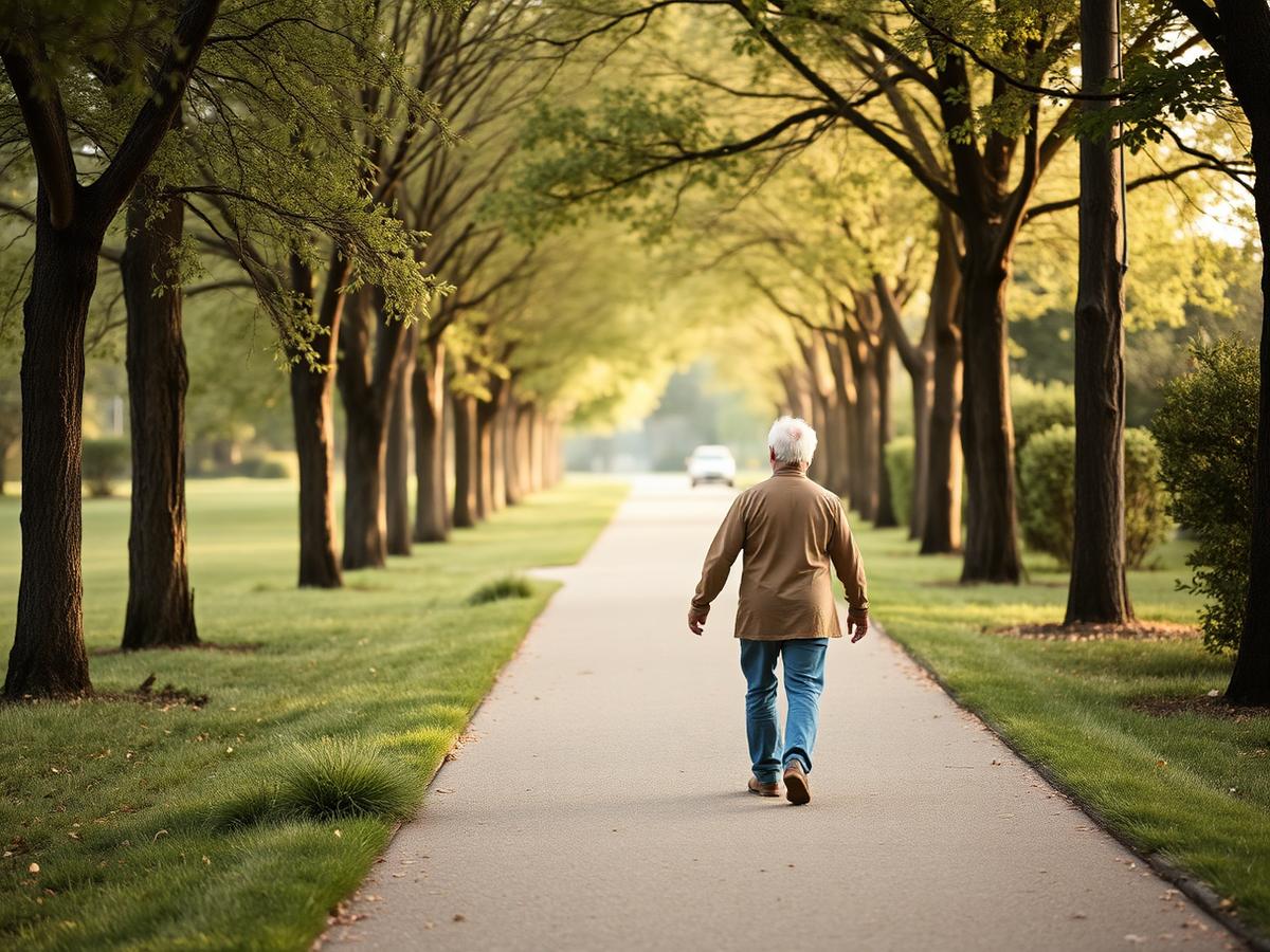 An older person walking along a quiet tree-lined path in warm morning light