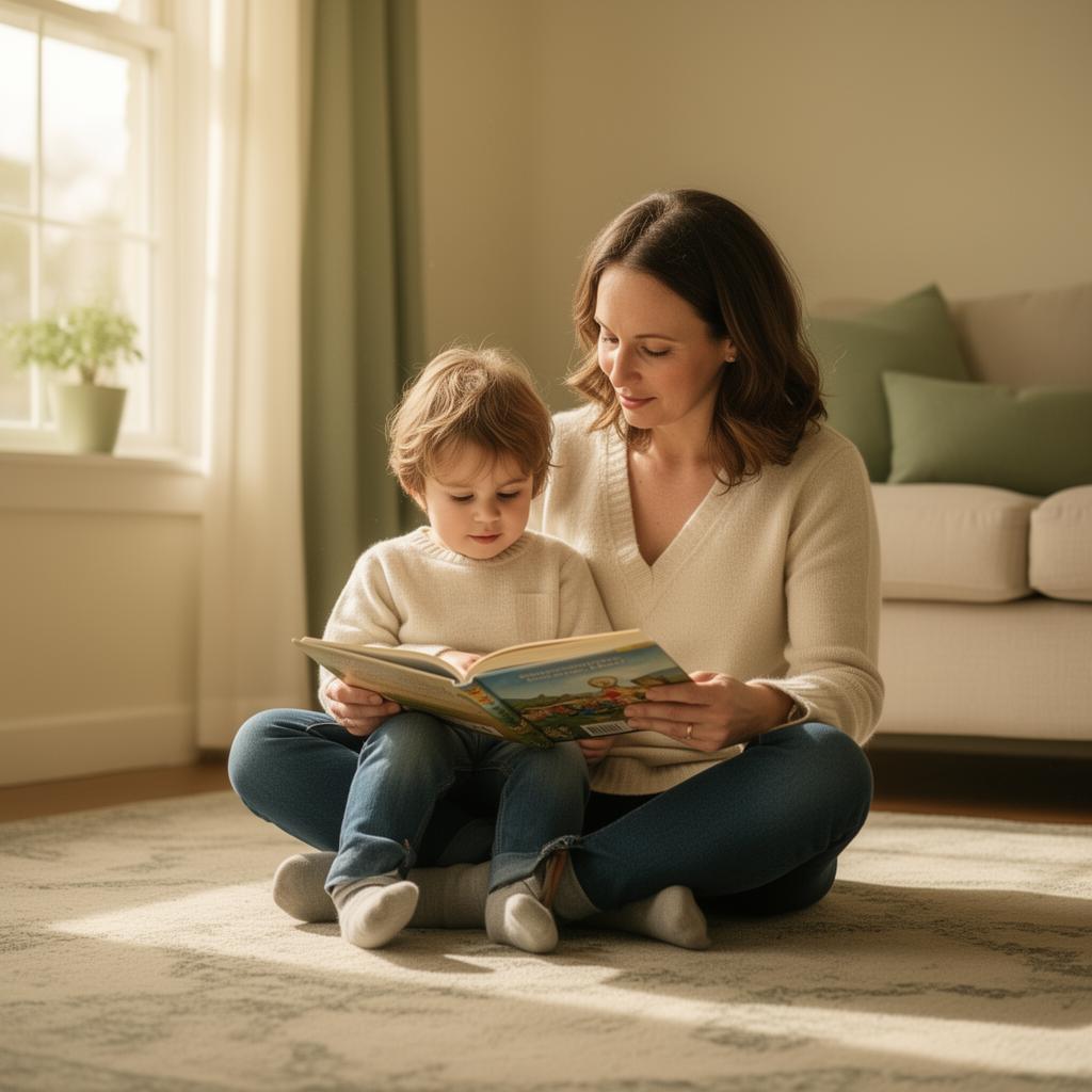 A parent and young child reading together on the floor of a sunlit room